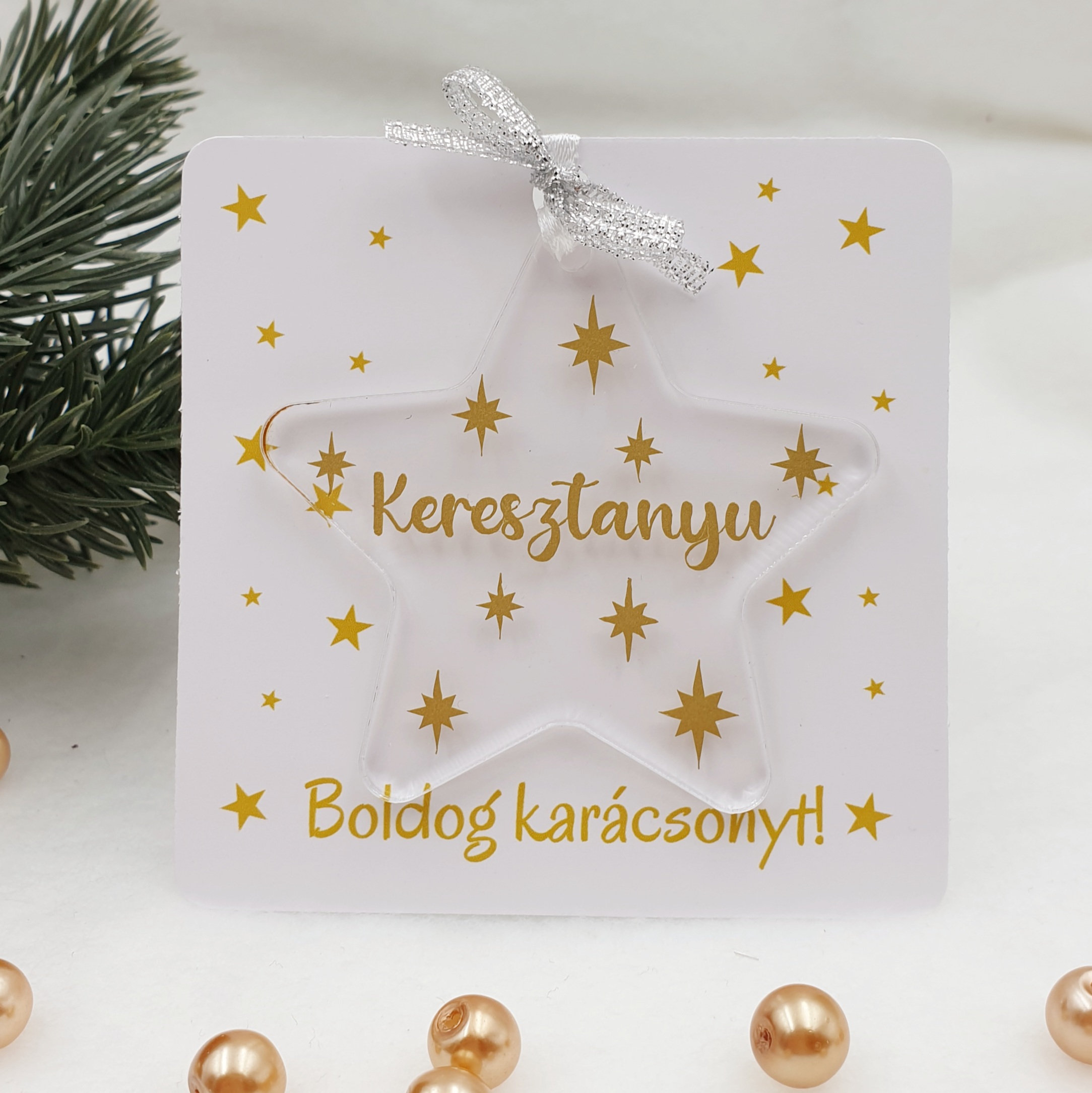 Akrilüveg csillag karácsonyfadísz ajándékkártyán - arany