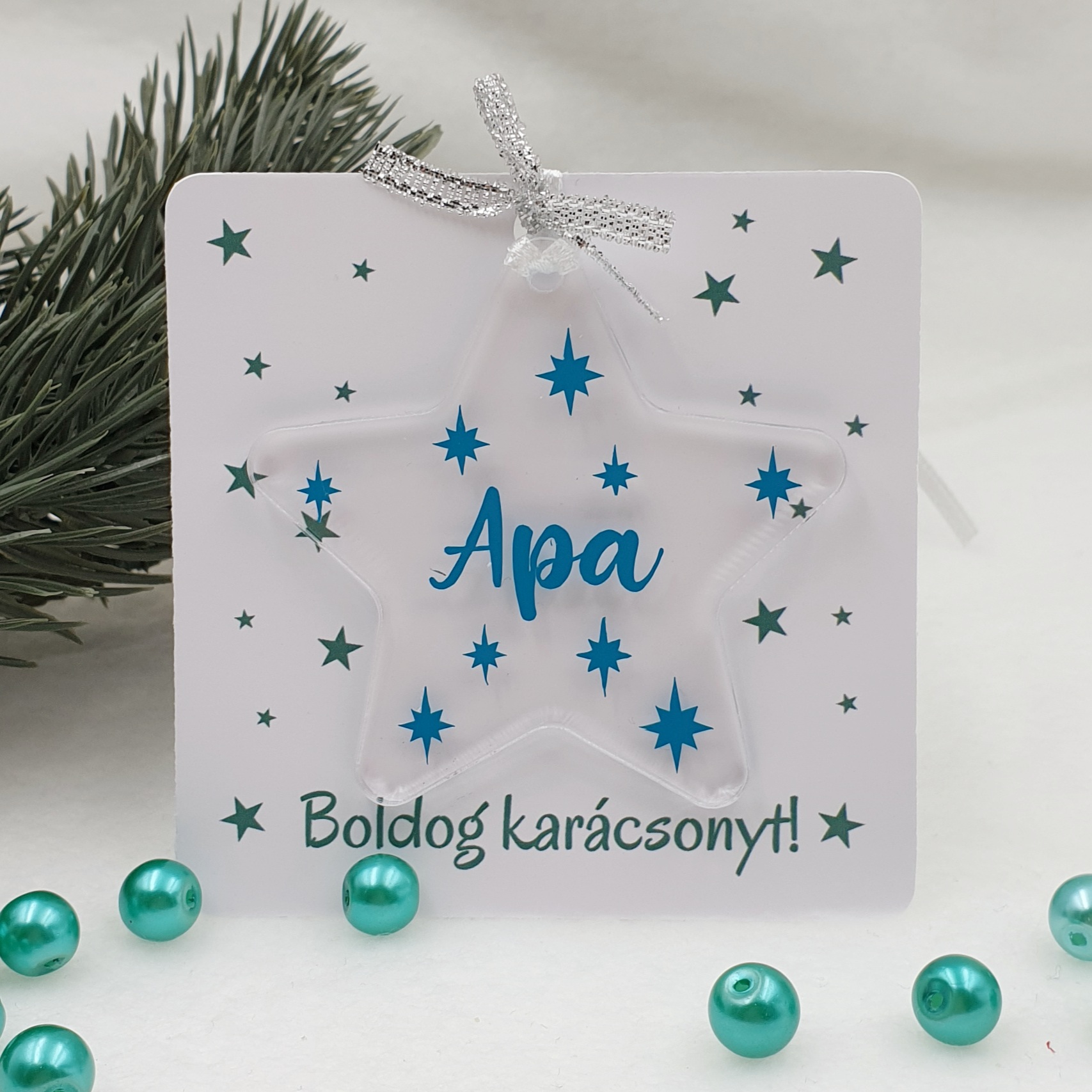 Akrilüveg csillag karácsonyfadísz ajándékkártyán - kékeszöld