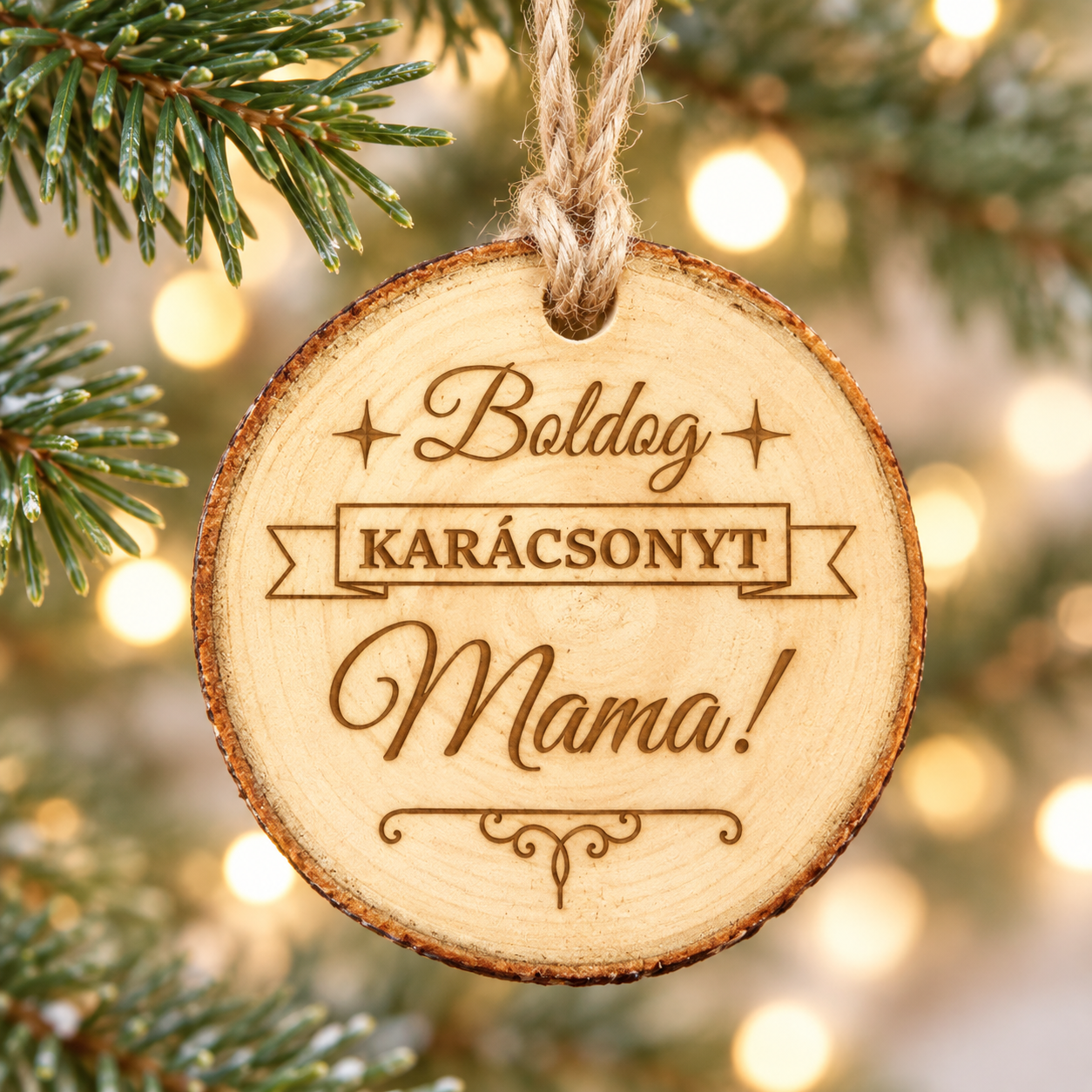Gravírozott természetes fakorong karácsonyfadísz egyedi névvel 