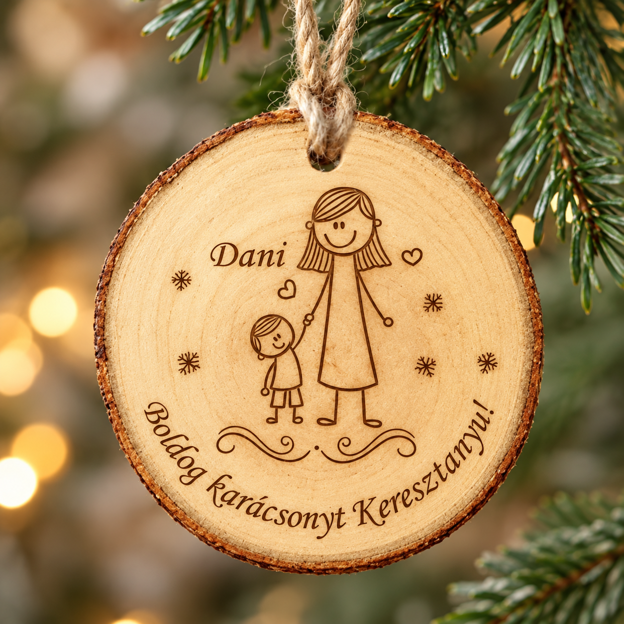 Gravírozott természetes fakorong karácsonyfadísz egyedi nevekkel keresztanyunak