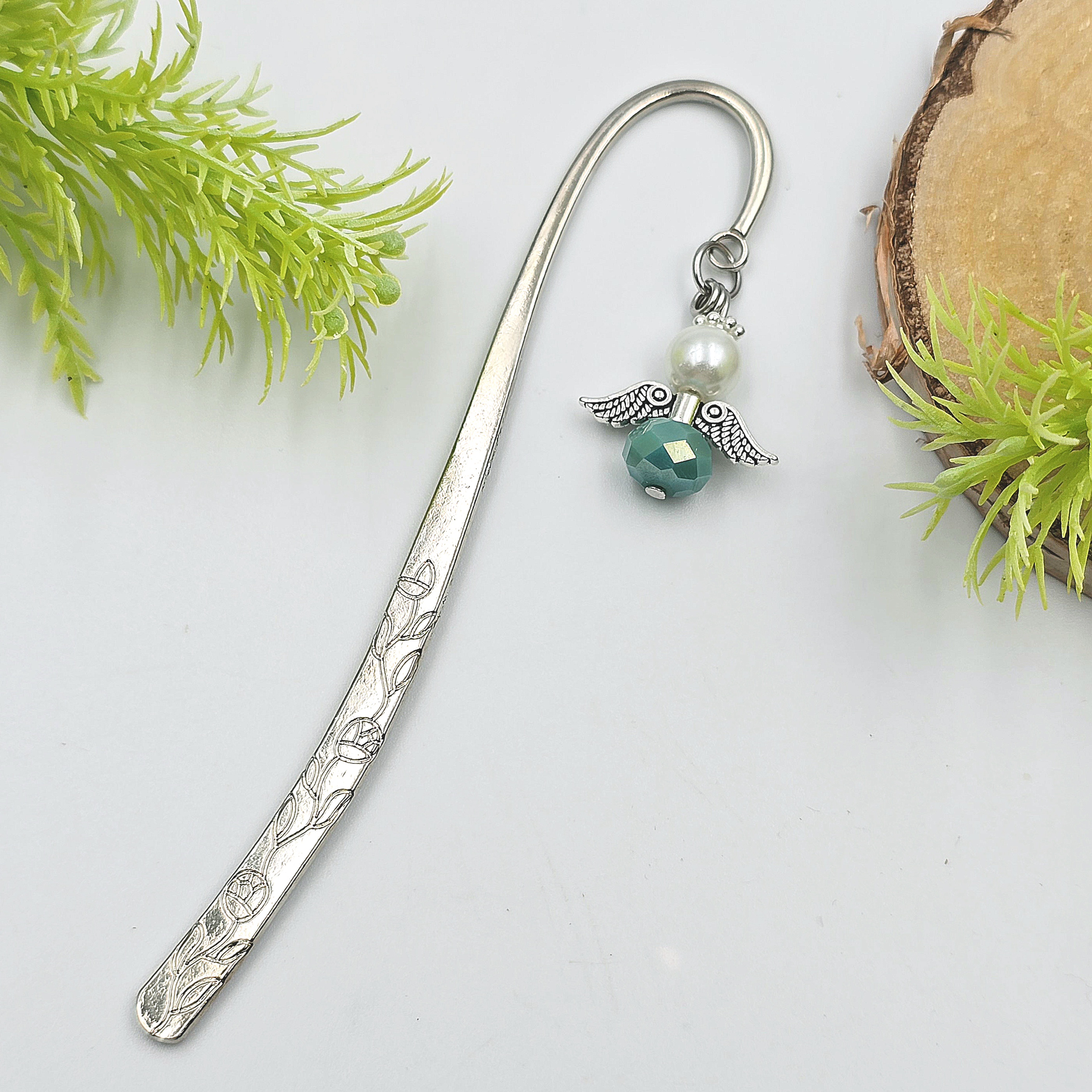 Zöldeskék-fehér angyalkás könyvjelző