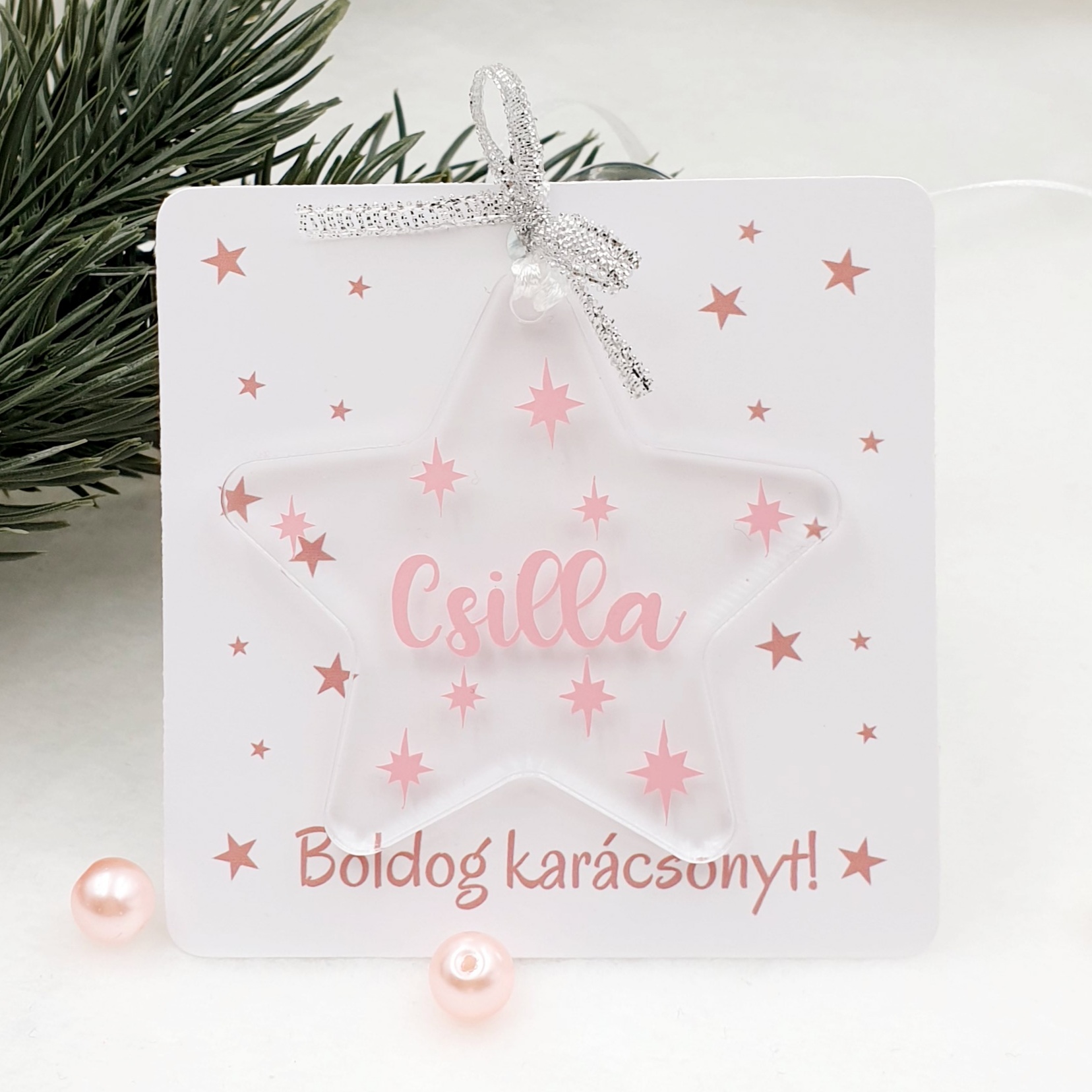 Akrilüveg csillag karácsonyfadísz ajándékkártyán - rózsaszín