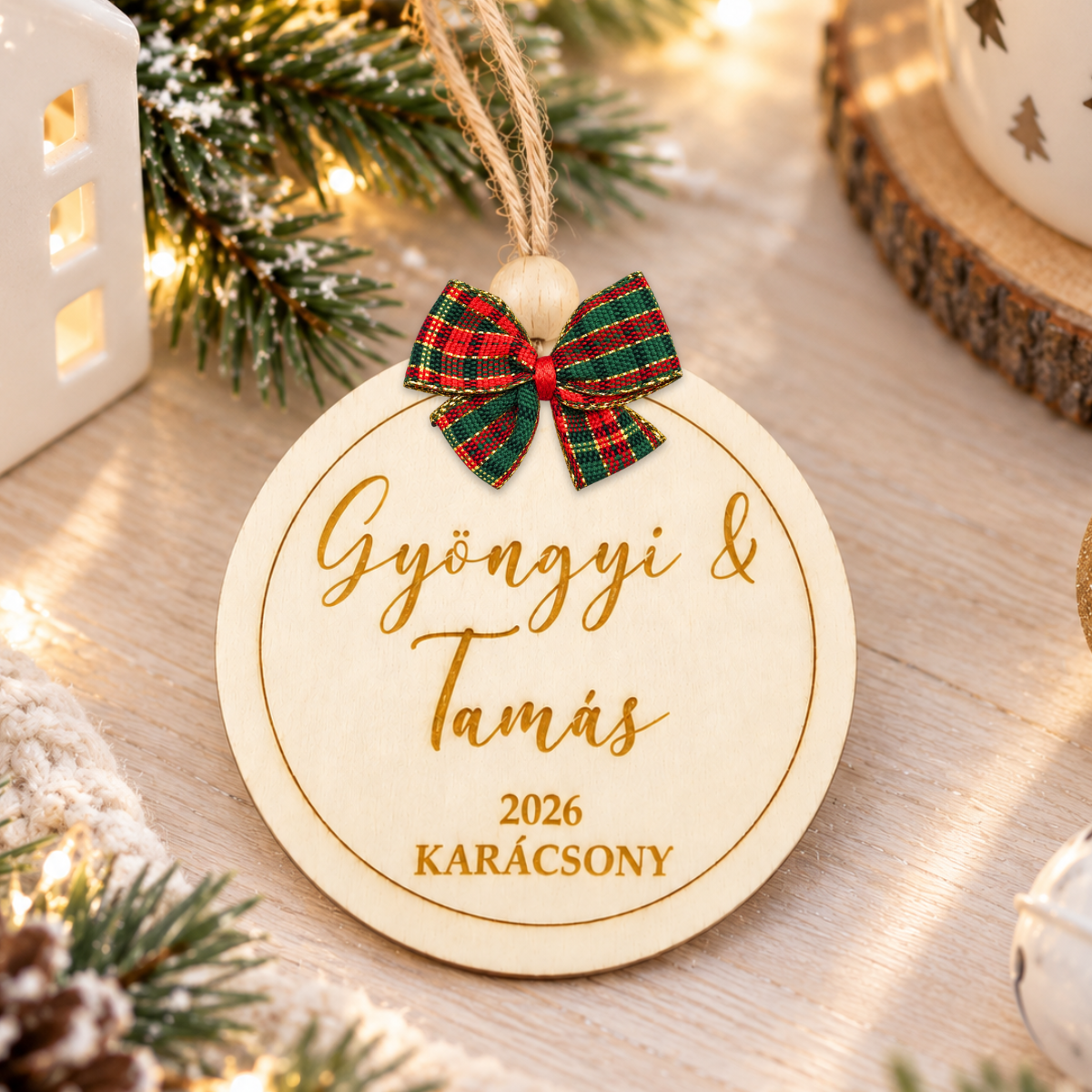 Gravírozott fa karácsonyfadísz egyedi nevekkel (01)