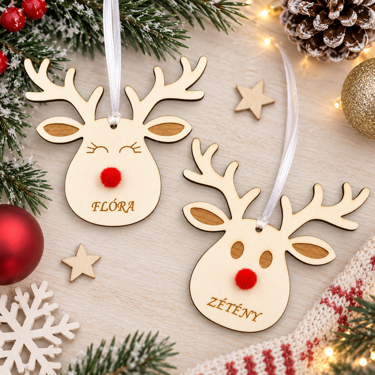 Gravírozott fa karácsonyfadísz egyedi névvel, Rudolf 2.