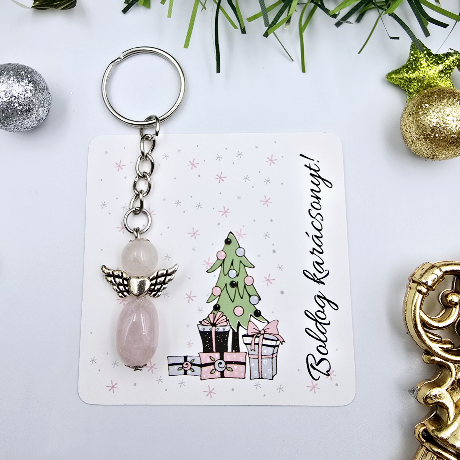 Rózsakvarc angyalka kulcstartó ajándékkártyával