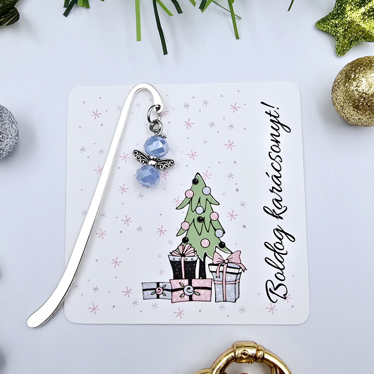 Kék angyalkás mini könyvjelző ajándékkártyával