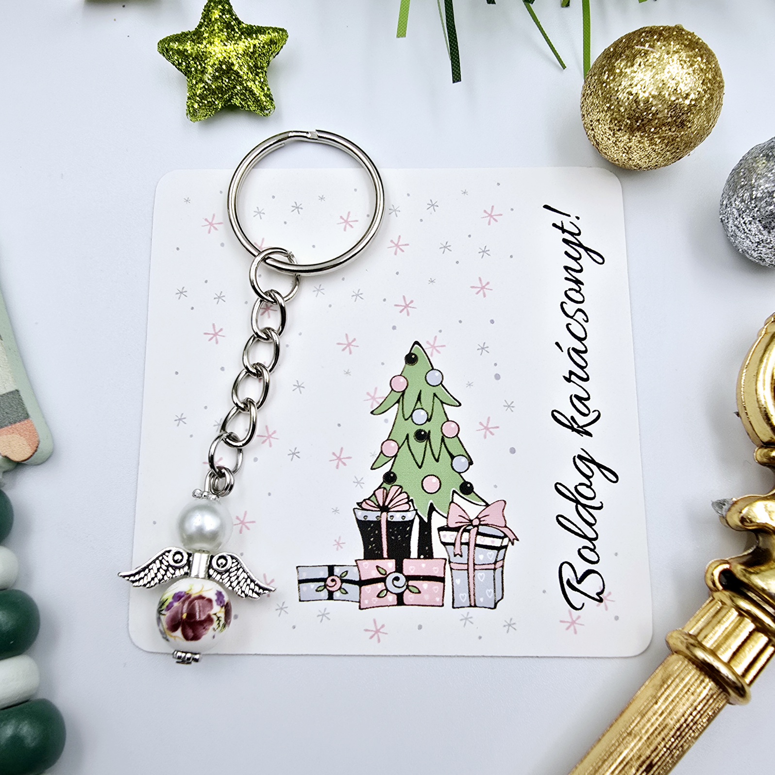 Virágmintás porcelán angyalka kulcstartó ajándékkártyával