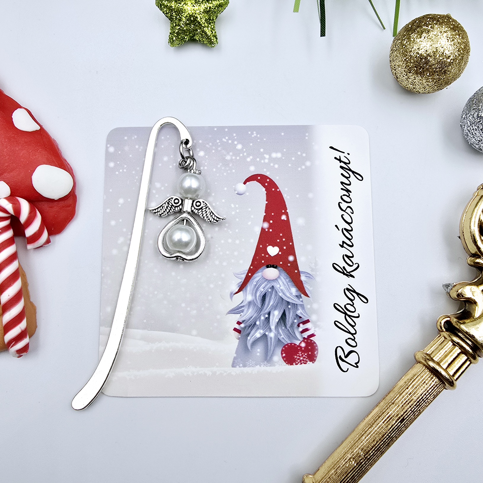 Fehér angyalkás mini könyvjelző ajándékkártyával