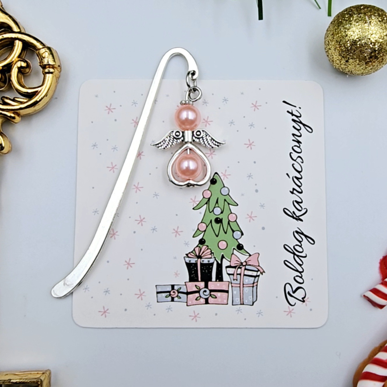 Rózsaszín angyalkás mini könyvjelző ajándékkártyával