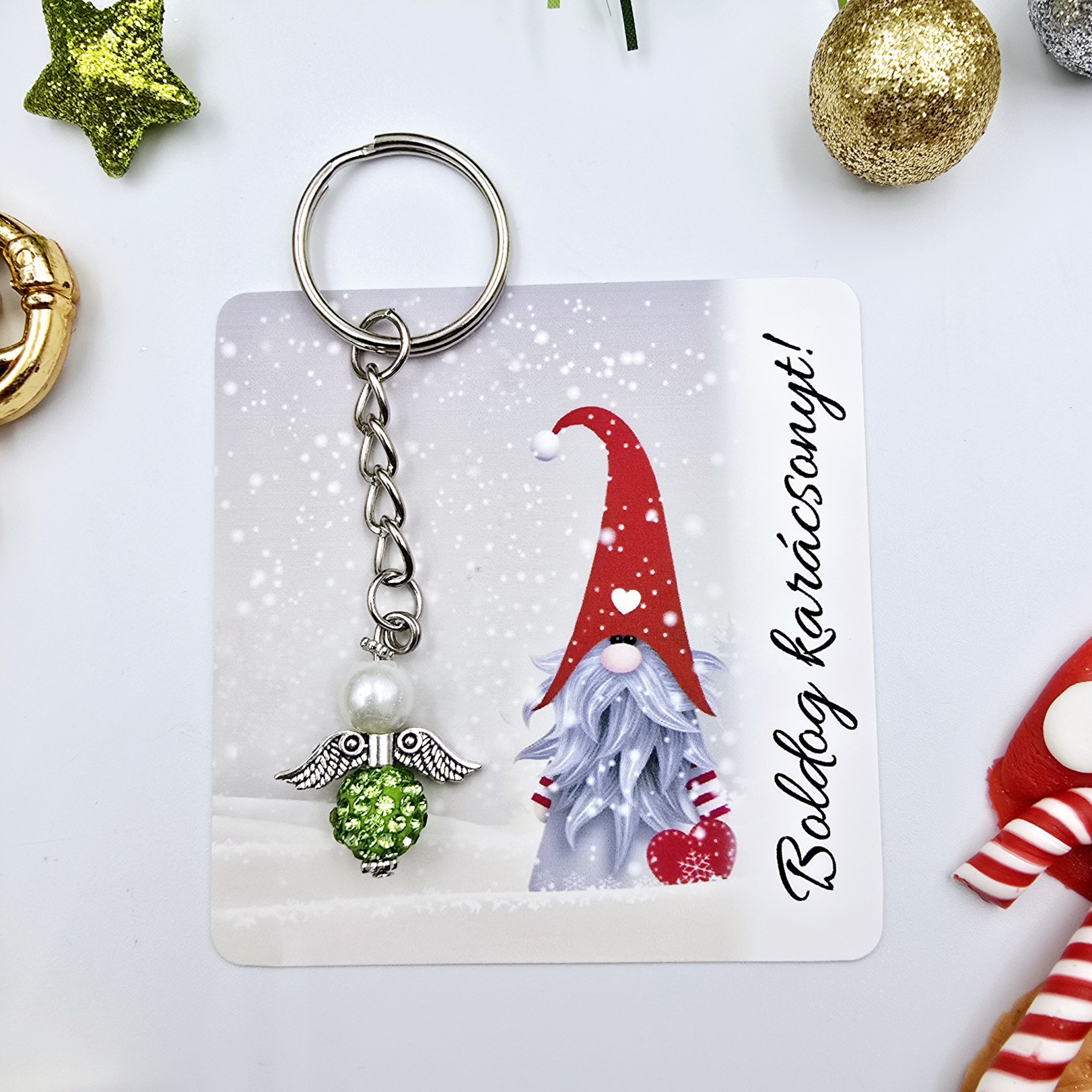 Világoszöld csillogó angyalkás kulcstartó ajándékkártyával