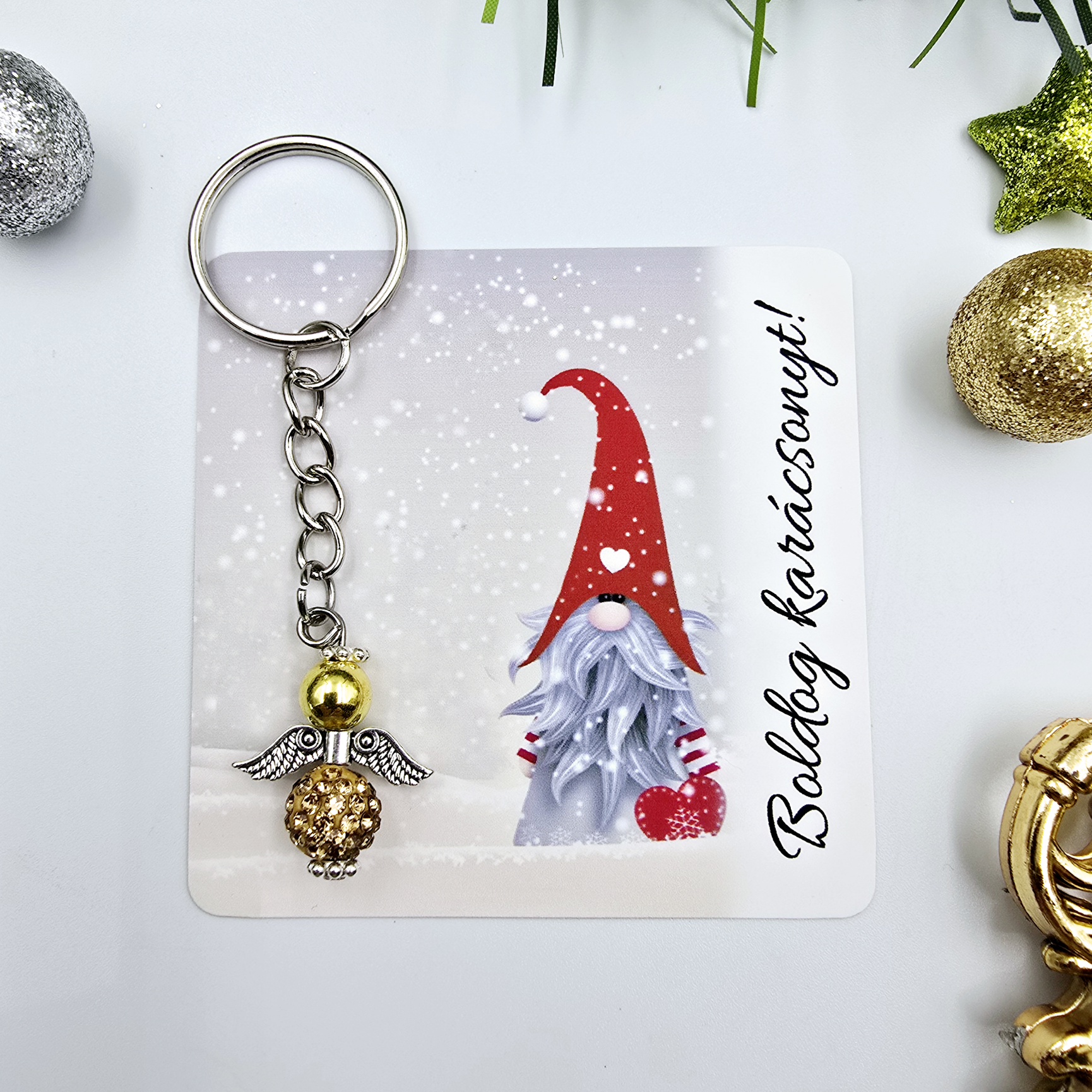 Arany színű csillogó angyalkás kulcstartó ajándékkártyával