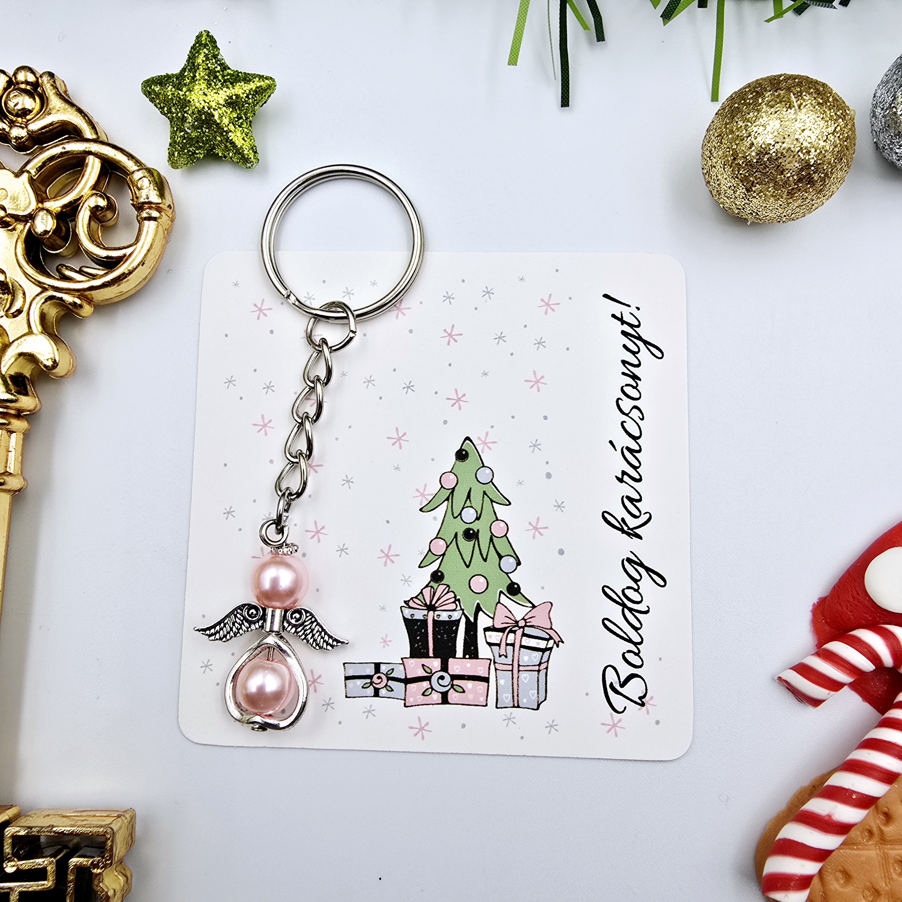 Rózsaszín angyalkás kulcstartó ajándékkártyával