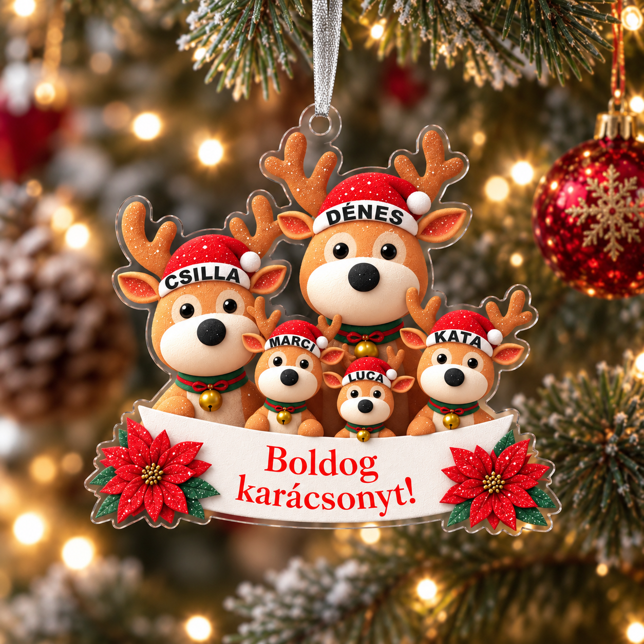 Személyre szabható családi rénszarvasos karácsonyfadísz nevekkel – 3–6 fő