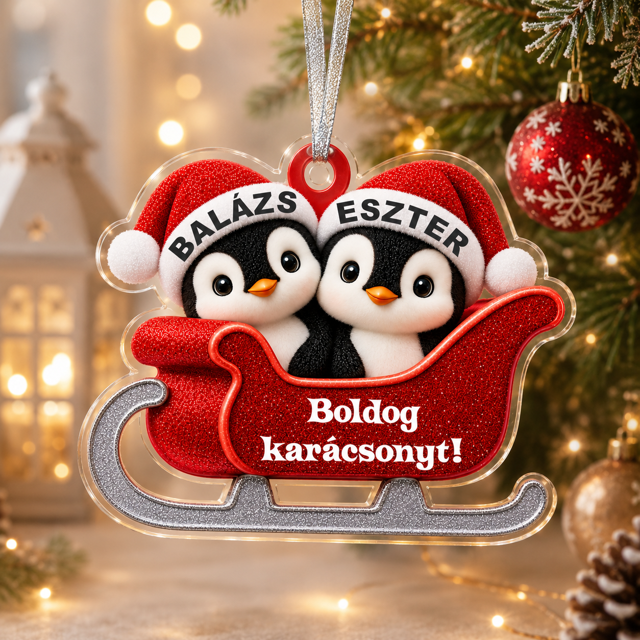 Szerelmes pingvines karácsonyfadísz nevekkel