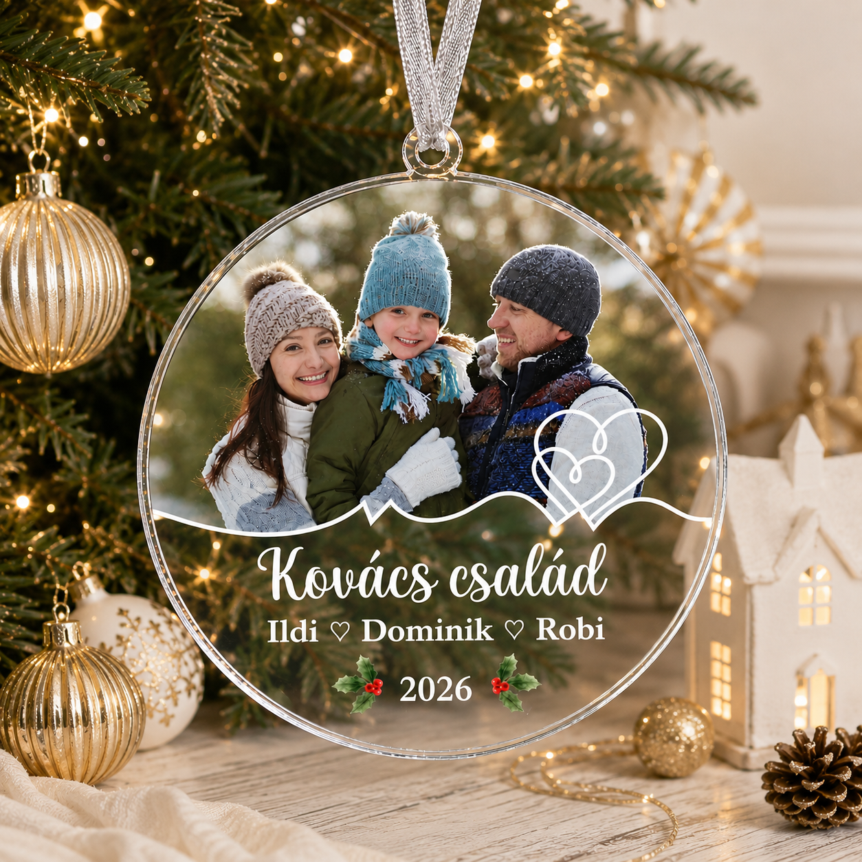 Egyedi fényképes családi karácsonyfadísz saját nevekkel