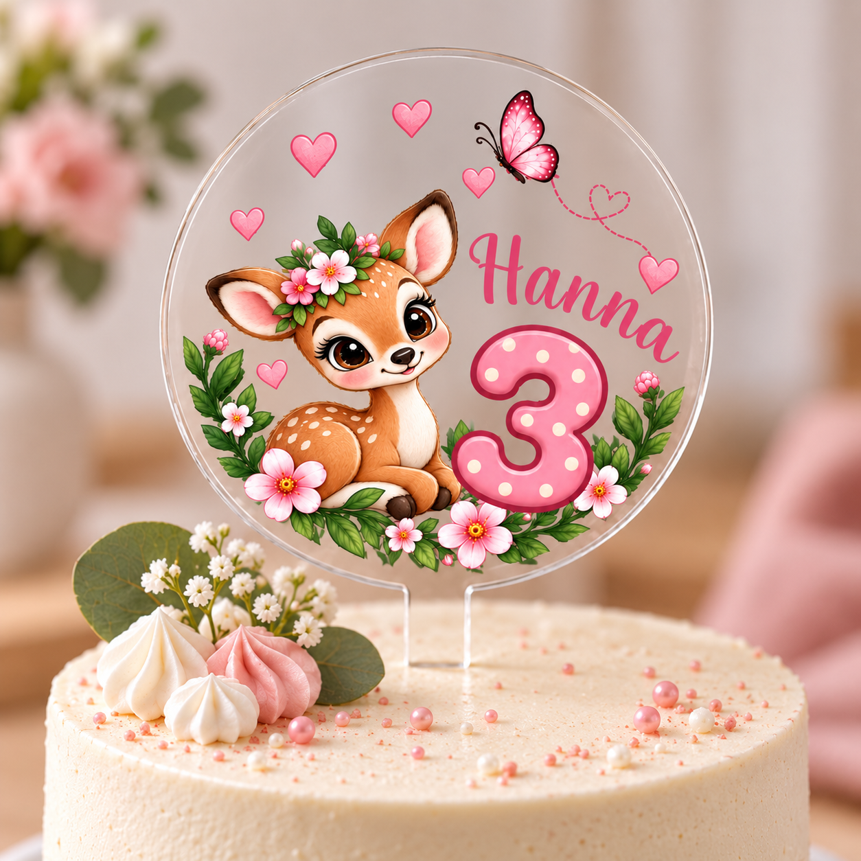 Őzikés szülinapi tortabeszúró, tortadísz egyedi névvel