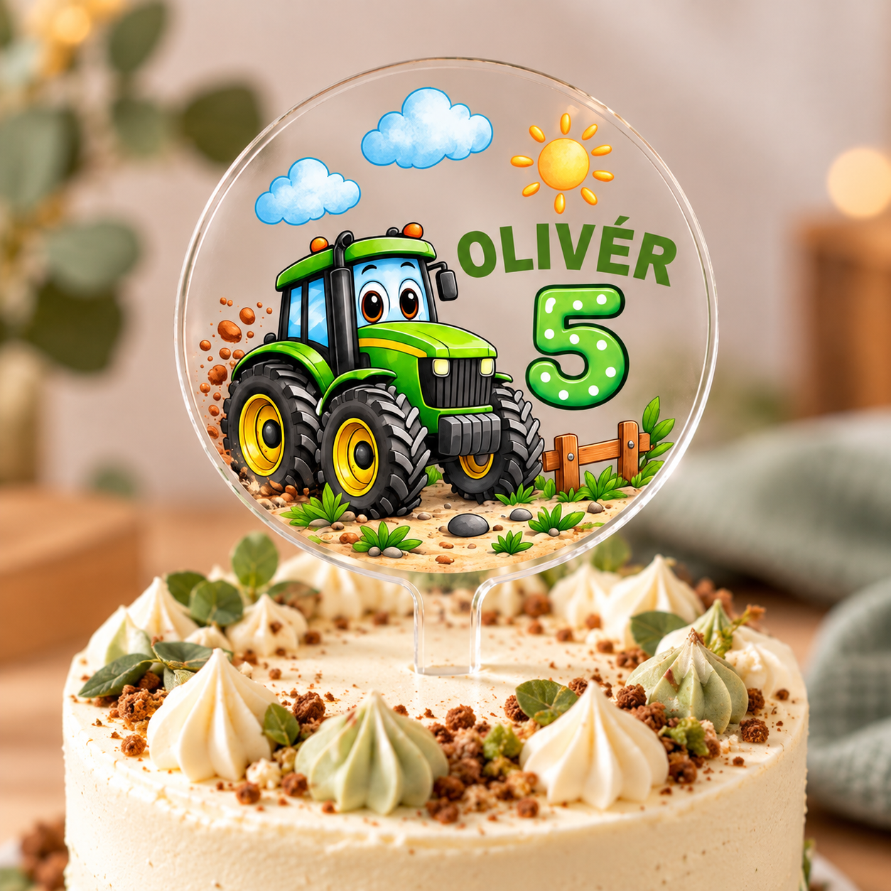 Traktoros szülinapi tortabeszúró, tortadísz egyedi névvel